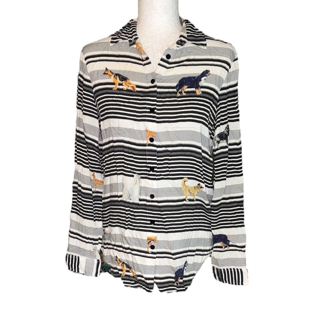 Anthropologie Vilagallo Black White Striped Dog Print Button Down Shirt - 6